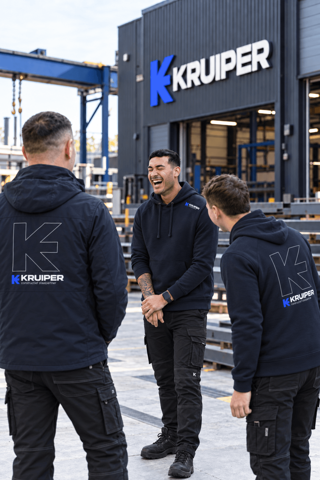 Drie medewerkers van Kruiper lachen samen voor het bedrijfspand