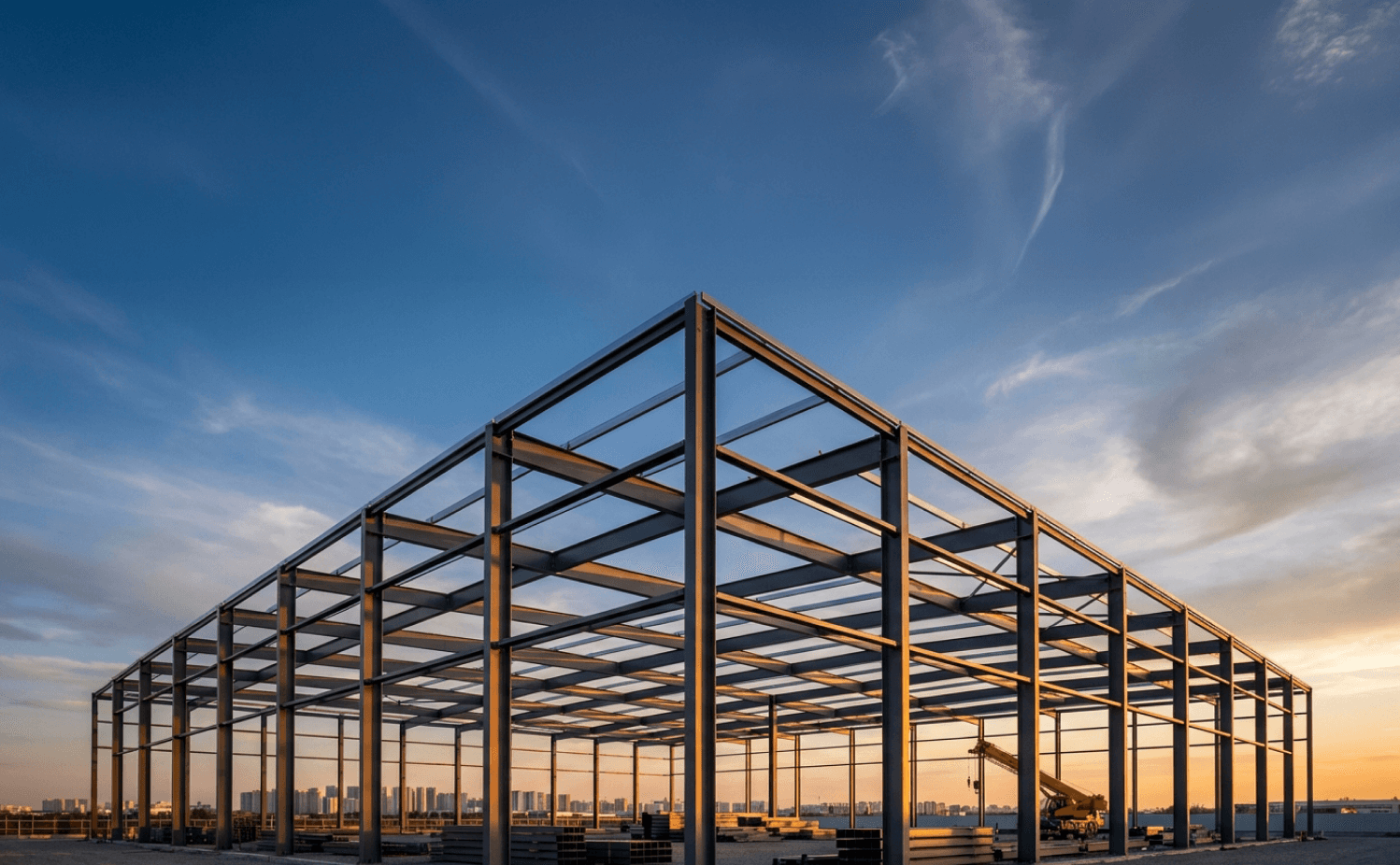 Staalconstructie van een bedrijfshal in aanbouw bij zonsondergang